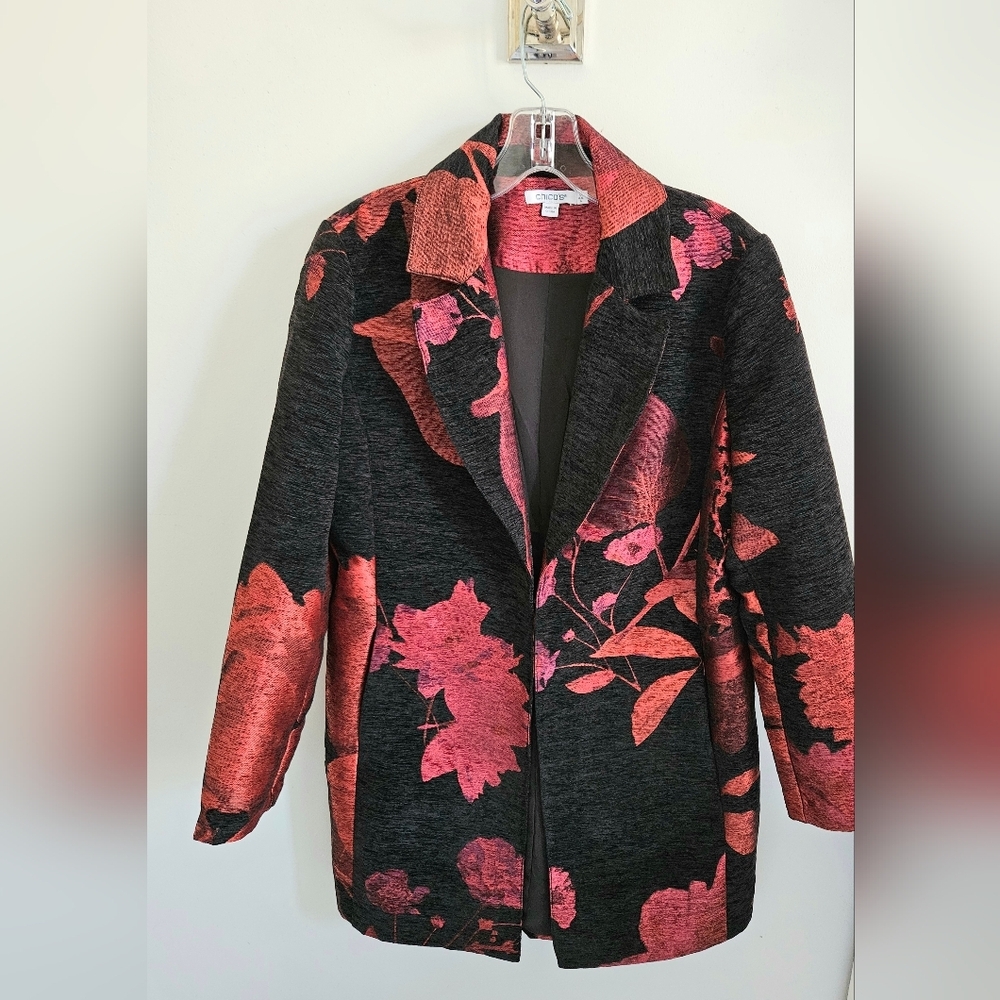 Chico's Jacquard Black and Red Floral Jacket